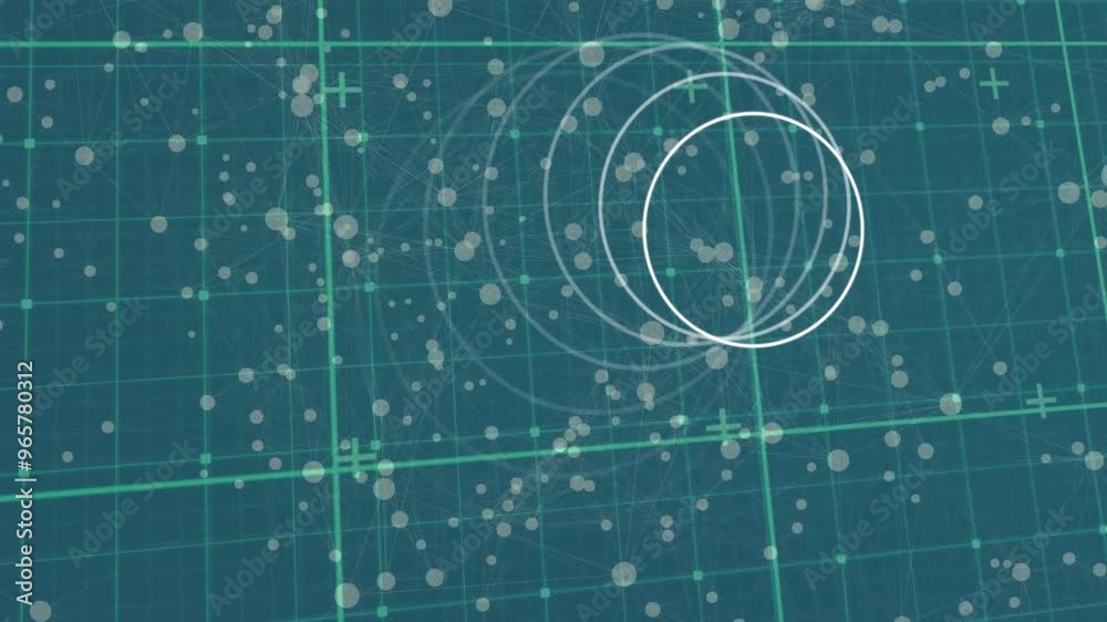 Wall mural animation of circles moving and spots over grid on green background