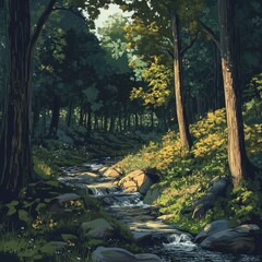 A serene creek meanders through a lush green forest, sunlight dappling the water and illuminating the surrounding foliage.