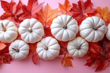 A cozy autumn flat lay with white pumpkins and vibrant red maple leaves on a pink background, perfect for Halloween decorations or themed events. With copy space.