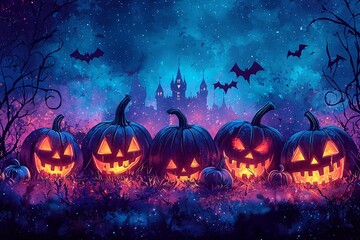 Vibrant Halloween illustration featuring whimsical carved pumpkins under a twilight sky, perfect for spooky events, party invitations, and festive decor. With copy space.