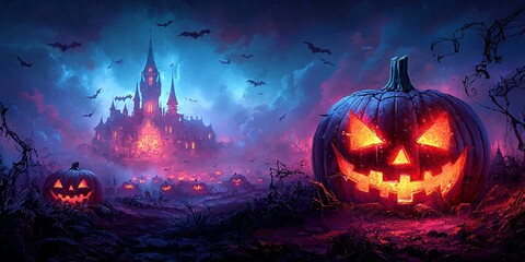 Fototapeta premium Vibrant Halloween scene with carved pumpkins, glowing faces, and a whimsical haunted castle, ideal for Halloween invitations and themed events with copy space.