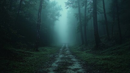 Fototapeta premium A spooky misty forest path perfect for Halloween-themed designs. Ideal for creating eerie invitations, haunted house decorations, or spooky storybook covers, with copy space.