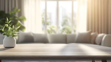 A wooden table with a white vase of green plants in the foreground, blurred living room with curtains and a window in the background.