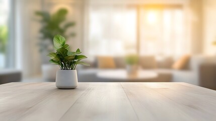 Empty wooden table with plant in a pot in a modern living room.