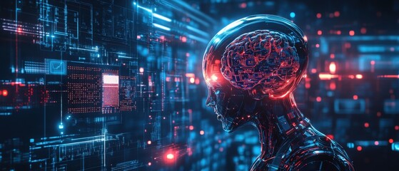 Fototapeta premium A vivid illustration showcasing the synergy of AI, featuring a robot, microchip, and a digital brain, all on dynamic holographic platforms. Futuristic AI Technology Concept with Robot, Chip, and Brain