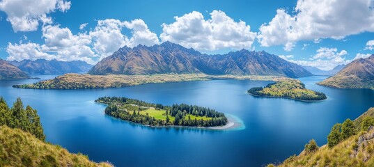Obraz premium Scenic New Zealand panorama with turquoise lake and majestic Southern Alps in background
