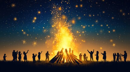 Fototapeta premium Flames dance high as a group of friends gather around a bonfire, celebrating under a starry night sky filled with joy and laughter