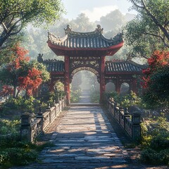 Obraz premium Ancient Chinese architecture with intricate stone bridges and serene garden walkways picture
