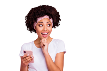 Close-up portrait of her she nice-looking charming cute attractive fascinating lovely winsome cheerful cheery wavy-haired girl new device gadget fast speed isolated over pink pastel background