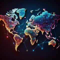 Obraz premium Craft an intricate pixel art piece featuring a world map where each country is uniquely pixelated, interconnected by a web of neon-colored digital signals, emphasizing the modern global networking inf