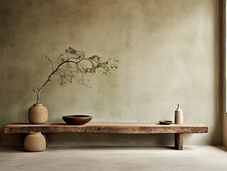 Wabi sabi japanese style rustic interior in with wood, pottery and texture elements in neutral and sage tones