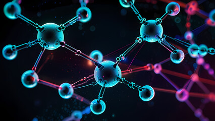 abstract background of interconnected molecules in vibrant, neon colors, with particles floating in a dark space