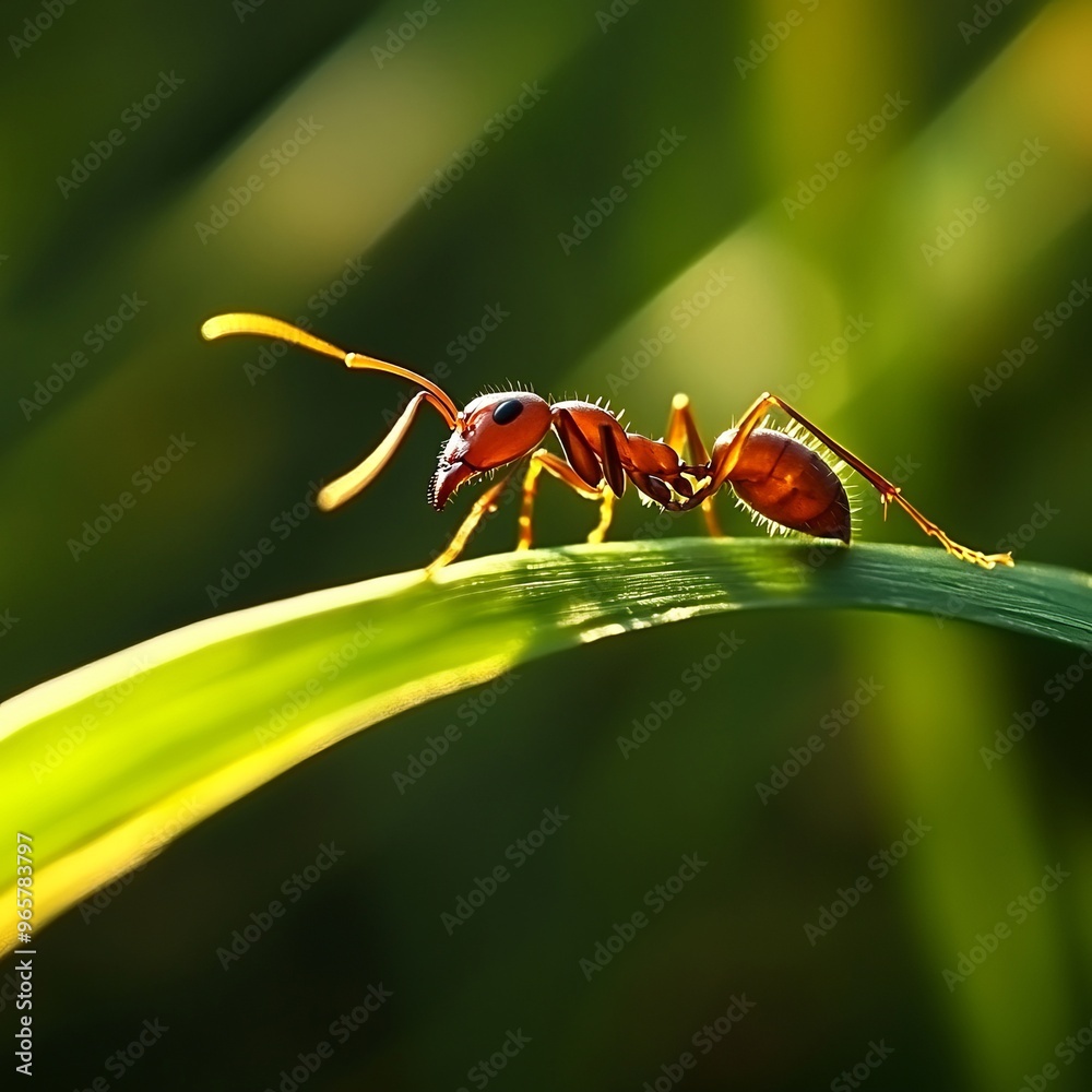 Canvas Prints A single red ant walks on a blade of grass in a green field.