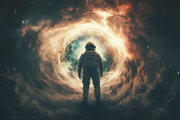 Obraz premium An astronaut stands before a swirling cosmic vortex in a vast universe.
