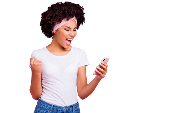 Portrait of nice charming cute attractive lovely cheerful cheery optimistic wavy-haired girl using new device gadget app 5g speed isolated over pink pastel background