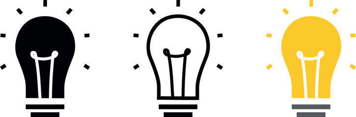 A set of light bulb icon on white background. Idea symbol. Electric lamp, light, innovation, solution, creative thinking, electricity. Outline, flat and colored style. Flat design. 