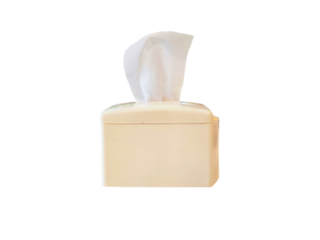 Front view of tissue box a tissue on it. on transparent background