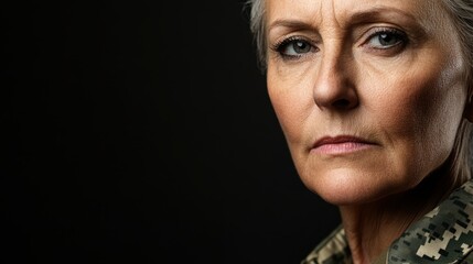 Obraz premium Portrait of Determined Senior Military Woman on Dark Background