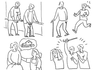 介護、福祉系のお仕事セットC、線画