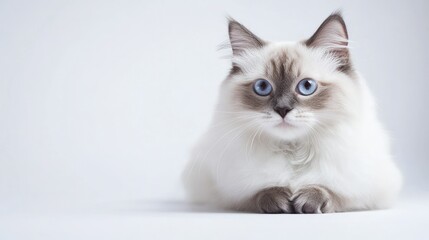 A fluffy cat with blue eyes resting on a light background, exuding calmness and charm.