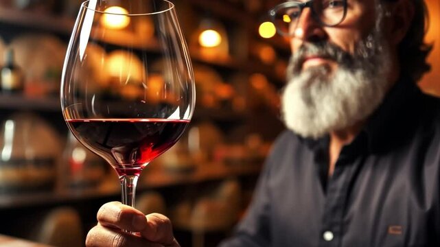 Image of a happy wine taster using his nose to smell the product from a wine glass. In the basement with the tank in the background