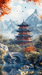 Obraz premium Elegant traditional Chinese architecture with stone bridges and serene gardens picture