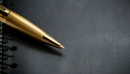 Gold pen on black leather notebook, natural lighting, close-up, understated luxury