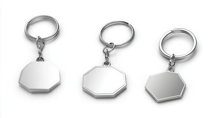 Keychains set. Metal round, square and hexagon keyring holders isolated on white background. Silver colored accessories or souvenir pendants mock up. Realistic 3d vector illustration, icon, clip art