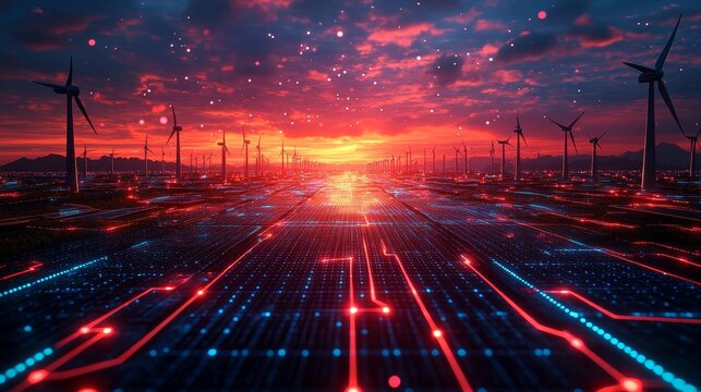 A futuristic smart grid system with glowing holographic solar panels and wind turbines connected by neon circuits, creating seamless energy flow, Cyberpunk, 3D Render