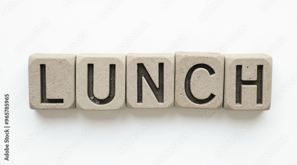 Wall mural lunch text displayed in carved stone blocks on a white background