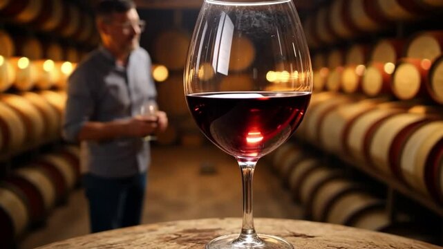 Image of a happy wine taster using his nose to smell the product from a wine glass. In the basement with the tank in the background