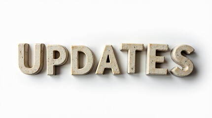 Updates text carved in stone blocks on white background
