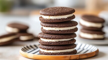 Neatly stacked chocolate cream cookies on a wooden plate in the foreground