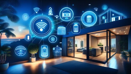 Fototapeta premium Illustrate a visually striking scene showcasing IoT Home Devices icons in a harmonious composition Include a stylized smart thermostat, gleaming smart lights, and intricate security system elements Em