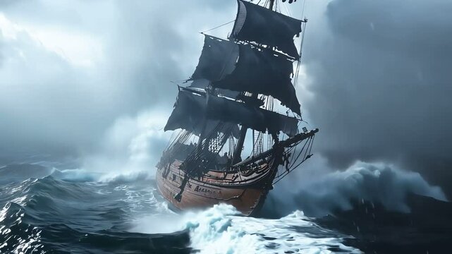 A pirate galleon battles fierce waves in a raging storm. Its tattered black sails strain against the wind as the vessel rides a massive swell, surrounded by churning waters under an ominous sky.