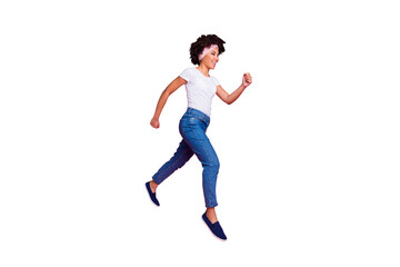 Full length body size view portrait of her she nice attractive lovely fit thin slim slender sporty cheerful cheery wavy-haired girl band scarf having marathon isolated over pink pastel background