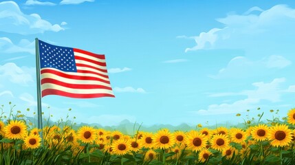 Serene American Flag Amidst Blooming Sunflowers Under Blue Sky