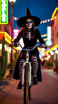 A woman in a black and pink costume rides a bicycle down a street