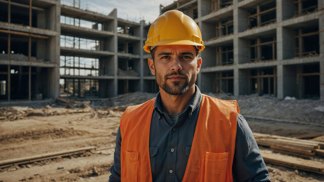 Architetto con caschetto protettivo durante la vista ad un cantiere edile in costruzione