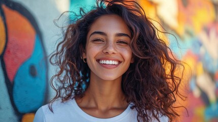 Naklejka premium Portrait of a Joyful Woman in White T-Shirt Posing in Front of Vibrant Mural on Sunny Day