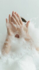 Fototapeta premium Woman taking bath with shower gel in bathroom, closeup
