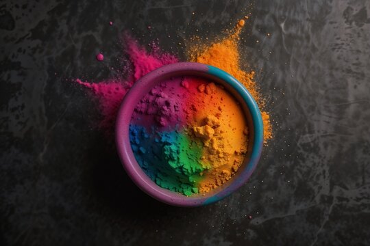 Top view of Holi powder with various colors for Holi festival background, Holi colors or powder for holi festival