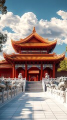 Obraz premium Serene garden views with ancient Chinese architecture and stone bridges picture
