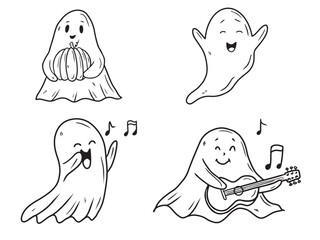 Vector set of cute hand drawn ghost with bow, singing, playing guitar, dancing and holding pumpkin in black isolated on white background. Sketch illustration in doodle engraved vintage line art style