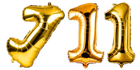Gold Metallic Number Balloons Featuring Number 1 in a Shiny Reflective Finish on a Transparent Background
