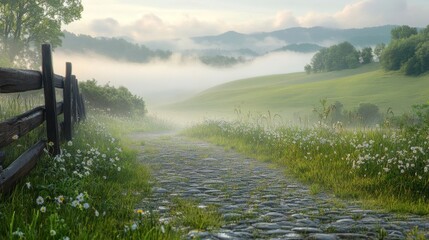Dense Fog Over Quiet Countryside with Dewy Grass, Cobblestone Path, and Rolling Hills