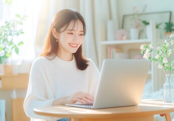Asian woman using laptop computer.