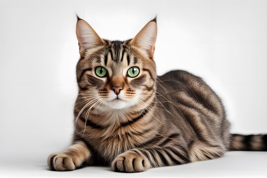 A curious tabby cat with green eyes sitting with its tail curled on a white background, AI Generated