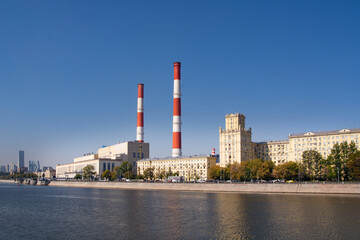 Moscow, Russia - August 29, 2024 : Thermal power plant in Moscow on the waterfront