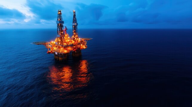 Aerial view offshore drilling rig (jack up rig) at the offshore location during sunset